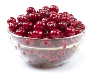 Bowl with ripe cherries. Isolated on a white background.