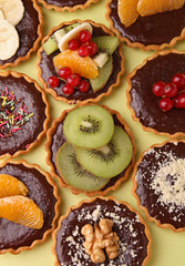 dessert, assortment of fruit and chocolate tart