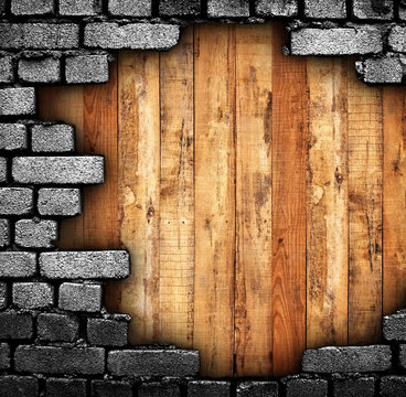 Broken Wall With Wood Background