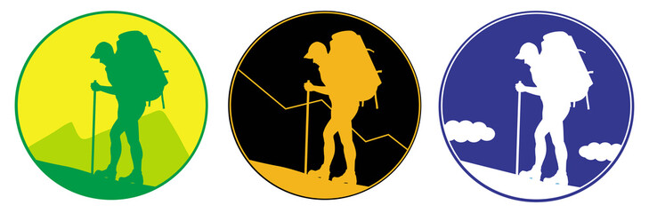 Man with a backpack going up the hill. Emblem