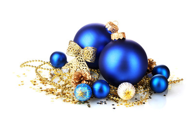 beautiful blue Christmas balls and cones isolated on white