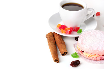 Cake and white cup isolated on white