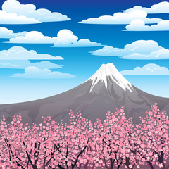 Japanese pink trees and volcano