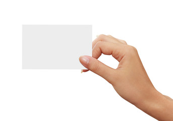 Obraz premium isolated empty business card in a woman hand