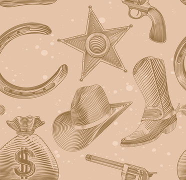 Seamless Cowboy Pattern In Engraving Style