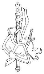 Coat of arms: halberd, scimitar and shield, vector