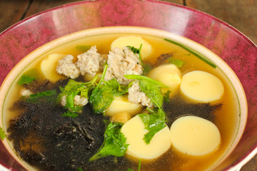 Thai food, famous tofu soup with vegetables and pork