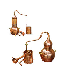 alcohol distillery - alembic copper - obrazy, fototapety, plakaty