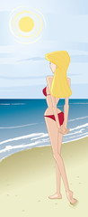 Blonde Sunbathing Girl on the Beach Vector Cartoon Illustration