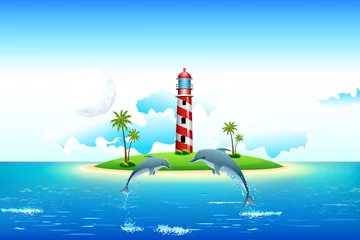 Fototapete Rund Meerblick mit Delfin und Leuchtturm © vectomart