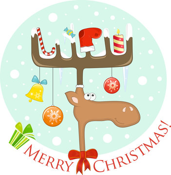 Funny Elk with Christmas decoration on the antlers