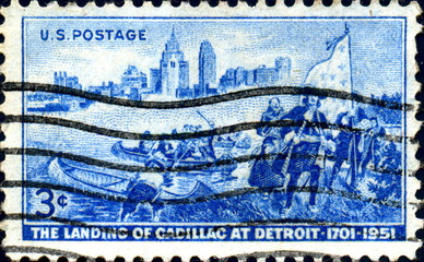 The Landing of Cadillac at Detroit. 1701. US Stamp.