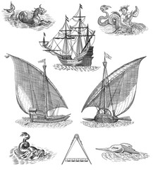 Old sailboats with monsters illustration