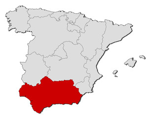Obraz premium Map of Spain, Andalusia highlighted