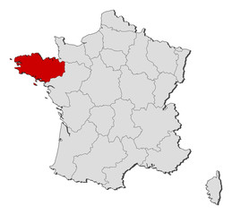 Map of France, Brittany highlighted