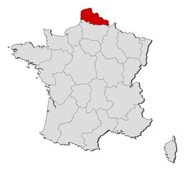 Map of France, Nord-Pas-de-Calais highlighted