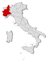 Map of Italy, Piemont highlighted