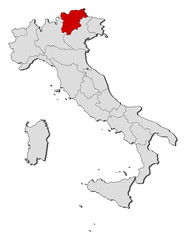 Map of Italy, Trentino-Alto Adige/Südtirol highlighted