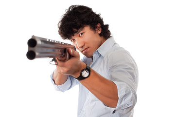 young asian man holding gun