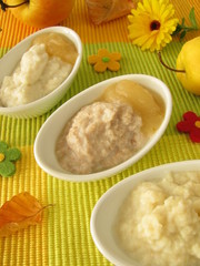 Schälchen mit Hirsebrei, Reisbrei und Dinkelbrei für Babys