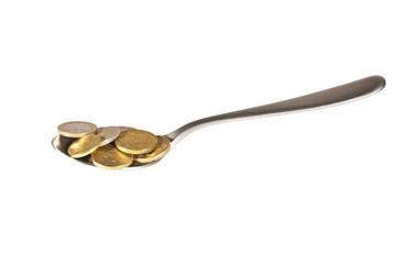 European coins are in an iron spoon