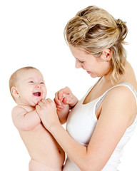 Portrait of loving mother and her child on white background