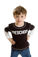 Little boy wearing preschool shirt