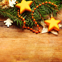 Christmas retro background with decoration and Xmas tree branch