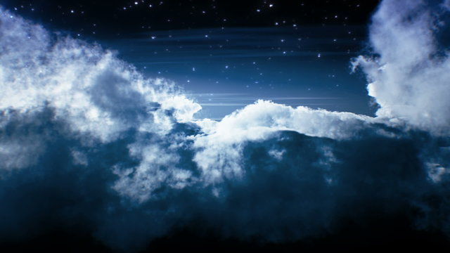 Night flight over clouds. Loop