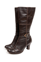 Stylish brown leather women's boots  isolated on white