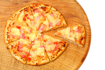 Tasty pizza with ham and cheese.