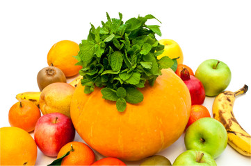 pumpkin and different tropical fruits