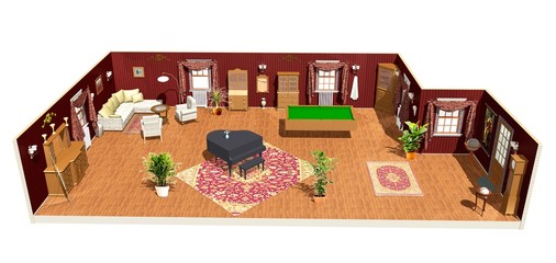 Salone con Biliardo e Pianoforte-Lounge with Billiard Table-3D