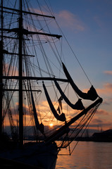 Close up ship silhouette at sunset