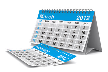 2012 year calendar. March. Isolated 3D image
