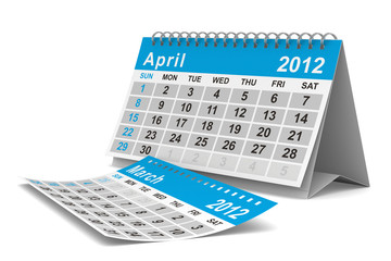 2012 year calendar. April. Isolated 3D image