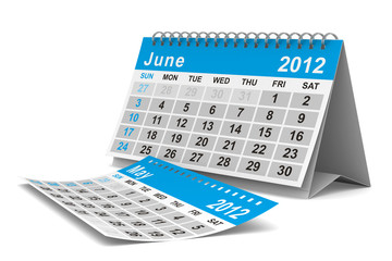 2012 year calendar. June. Isolated 3D image