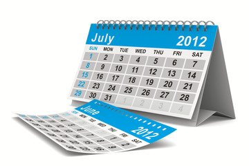 2012 year calendar. July. Isolated 3D image