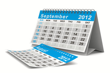 2012 year calendar. September. Isolated 3D image