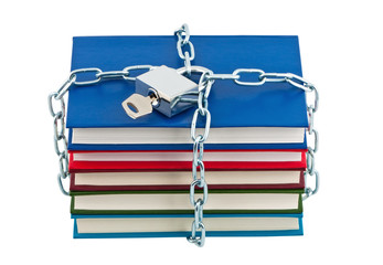 Books in chains closed padlock with key isolated.