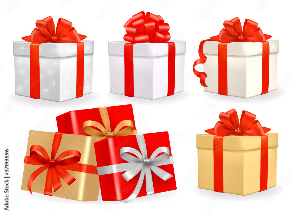 Poster Set of colorful vector gift boxes with bows.
