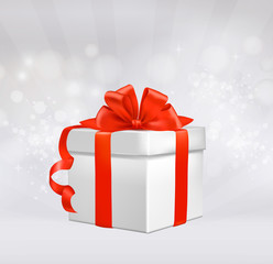 Red gift box with red ribbons. Vector illustration.