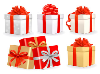 Set of colorful vector gift boxes with bows.