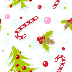 Seamless pattern with cute cartoon Christmas tree with balls