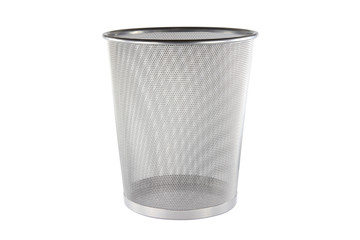 An empty metal trashcan isolated on white background