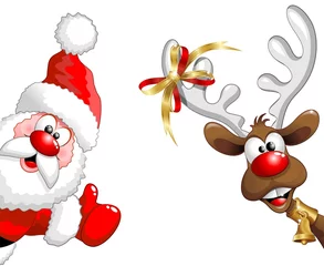 Foto auf Acrylglas Zeichnung Rentier und Weihnachtsmann ok-lustiger Weihnachtsmann und Rentier