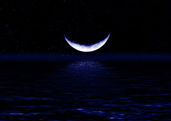 Obraz na płótnie Canvas Połowa z księżycem na niebie gwiazdy odbicie w wodzie