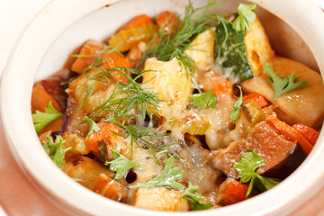 meat and vegetables in the pot