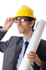 Young architect with drawings isolated on white