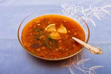 Traditional russian dish on blue tablecloth